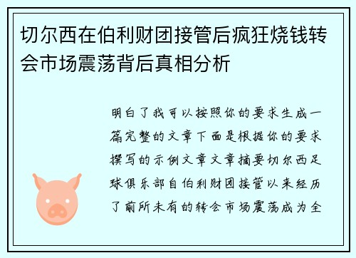 切尔西在伯利财团接管后疯狂烧钱转会市场震荡背后真相分析